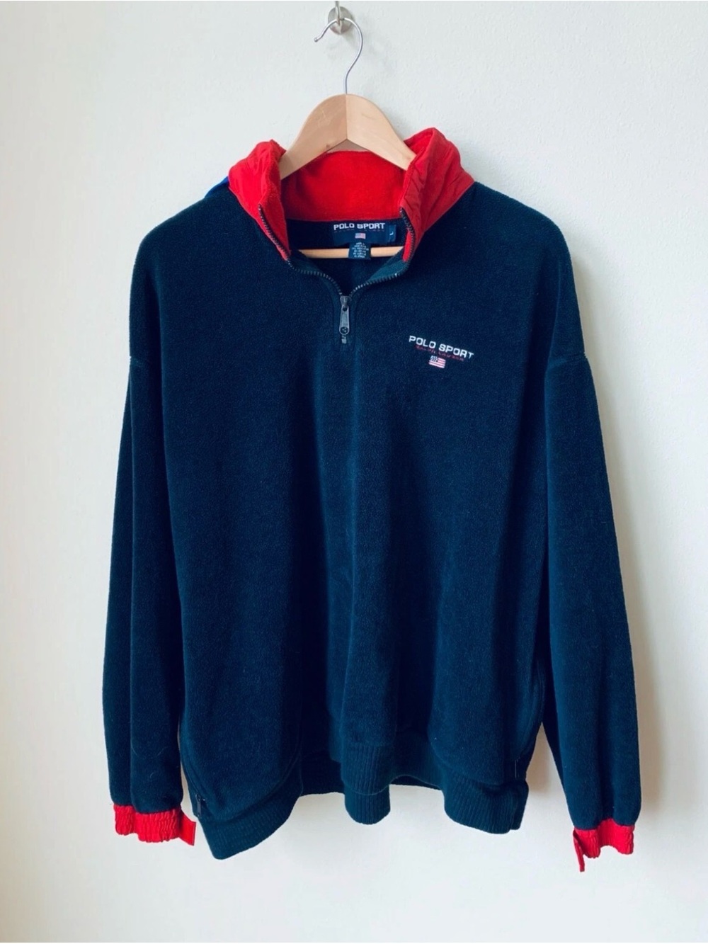 Polo by Ralph Lauren Navy Fleece Quarter-Zip with Red Hood & Cuff Accents